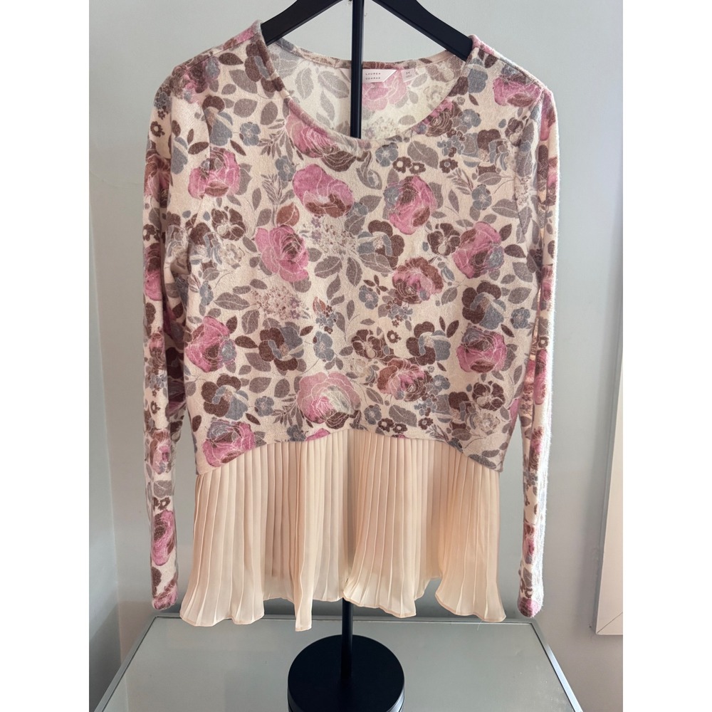LC Lauren Conrad Womens Medium Floral Knit Top Pleated Chiffon Hem Long Sleeve